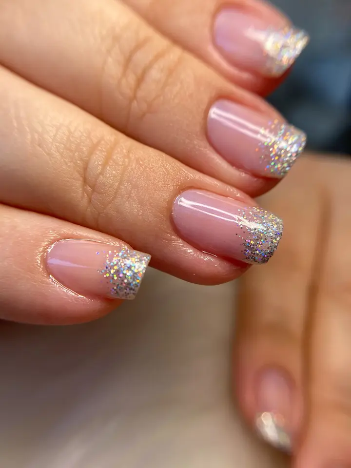 Unhas naturais em tom nude com glitter prateado nas pontas